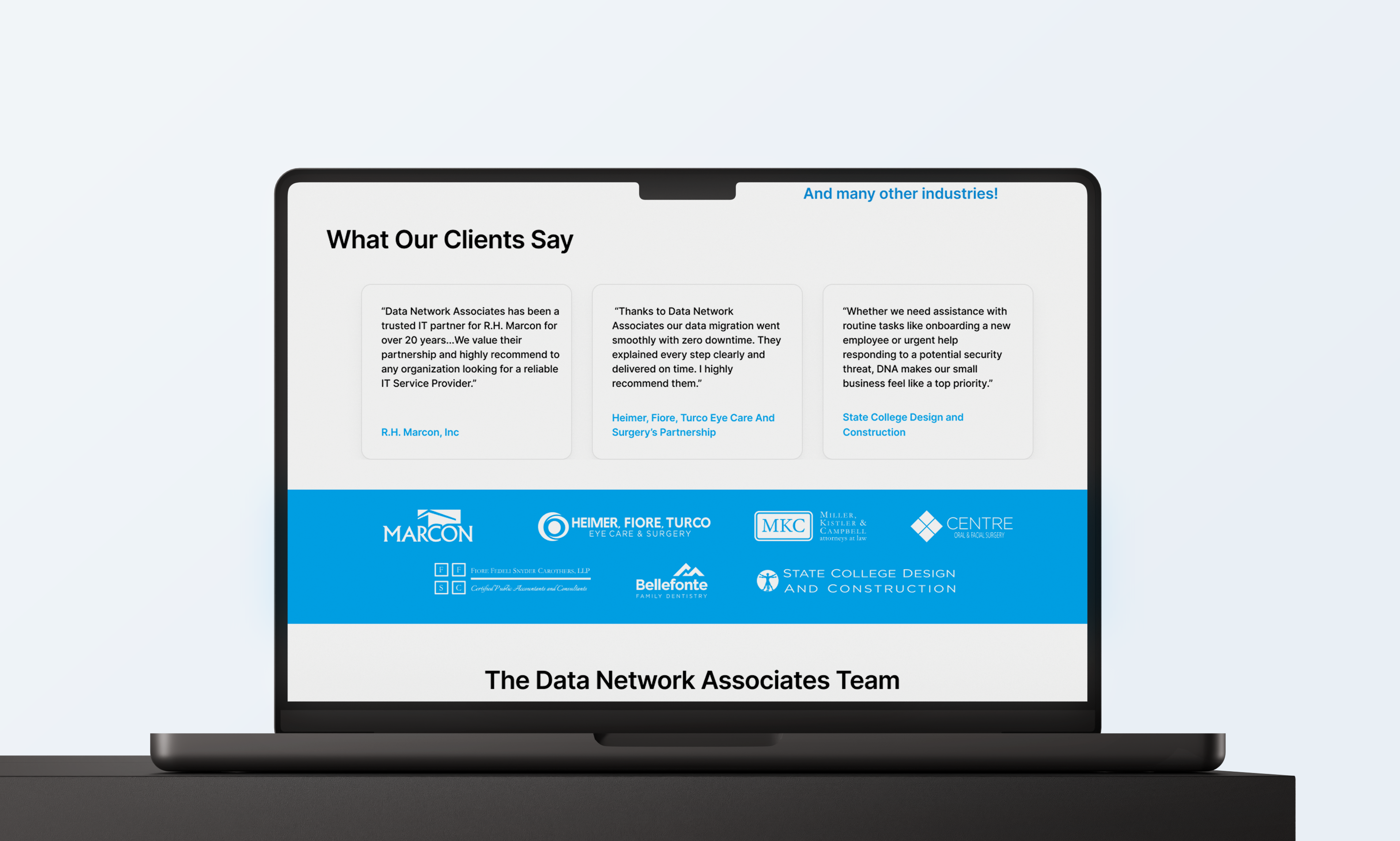 Data Network Associates testimonials website mockup.